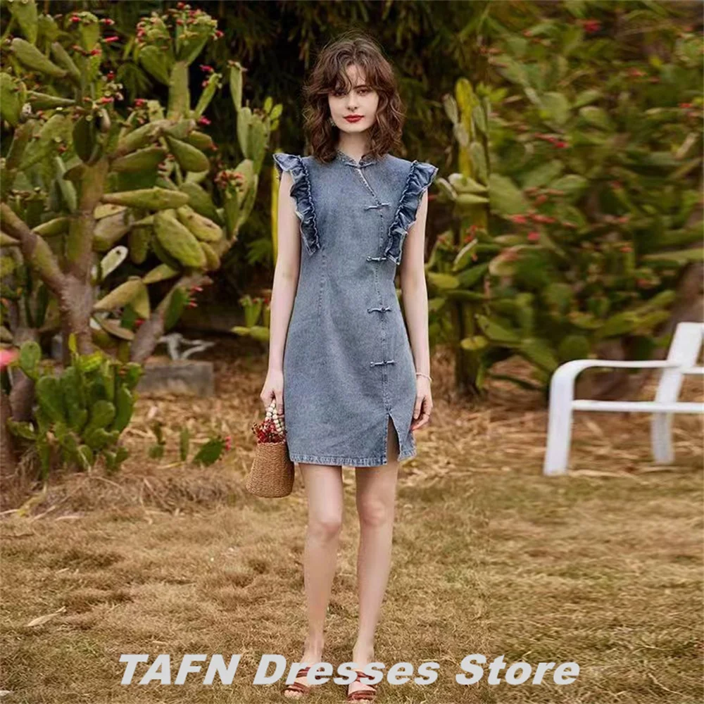 TAFN A-line Denim Skirt Sleeveless Ruffle Above Knee Jean Prom Party Gown Simple Elegant French 무도회 드레스