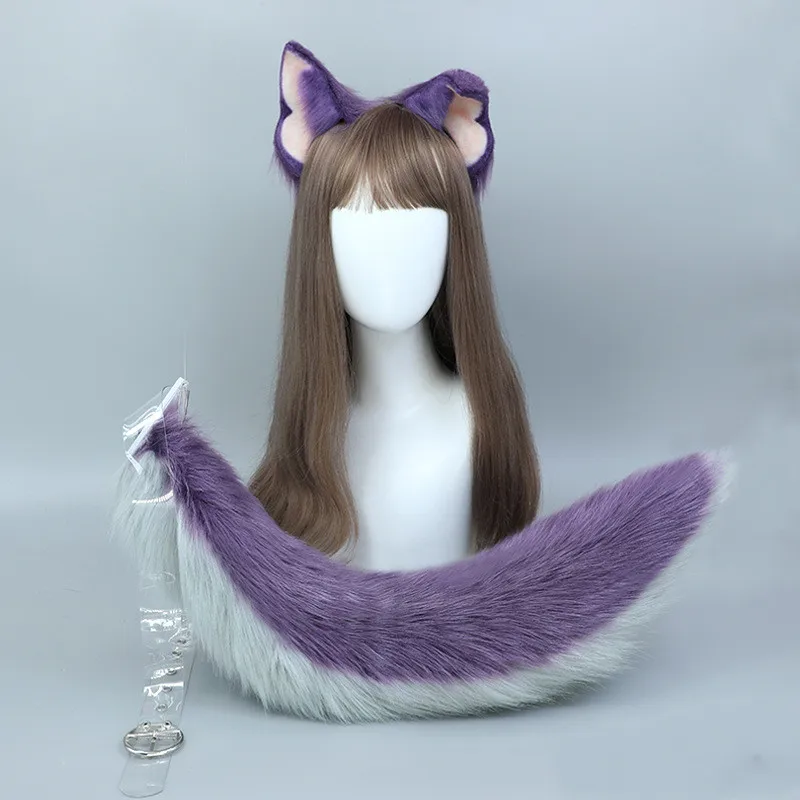 New Purple Wolf Anime Cat Ears and Tail Plush Beast Fox Ear Simulation Headband Halloween Cosplay Hand-made Lolita Accessories