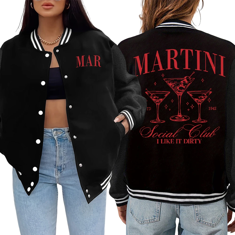 

Martini Cocktail Social Club I Like It Dirty Print Женские куртки Повседневная свободная униформа с карманами Осенняя куртка Теплая универсальная жилетка