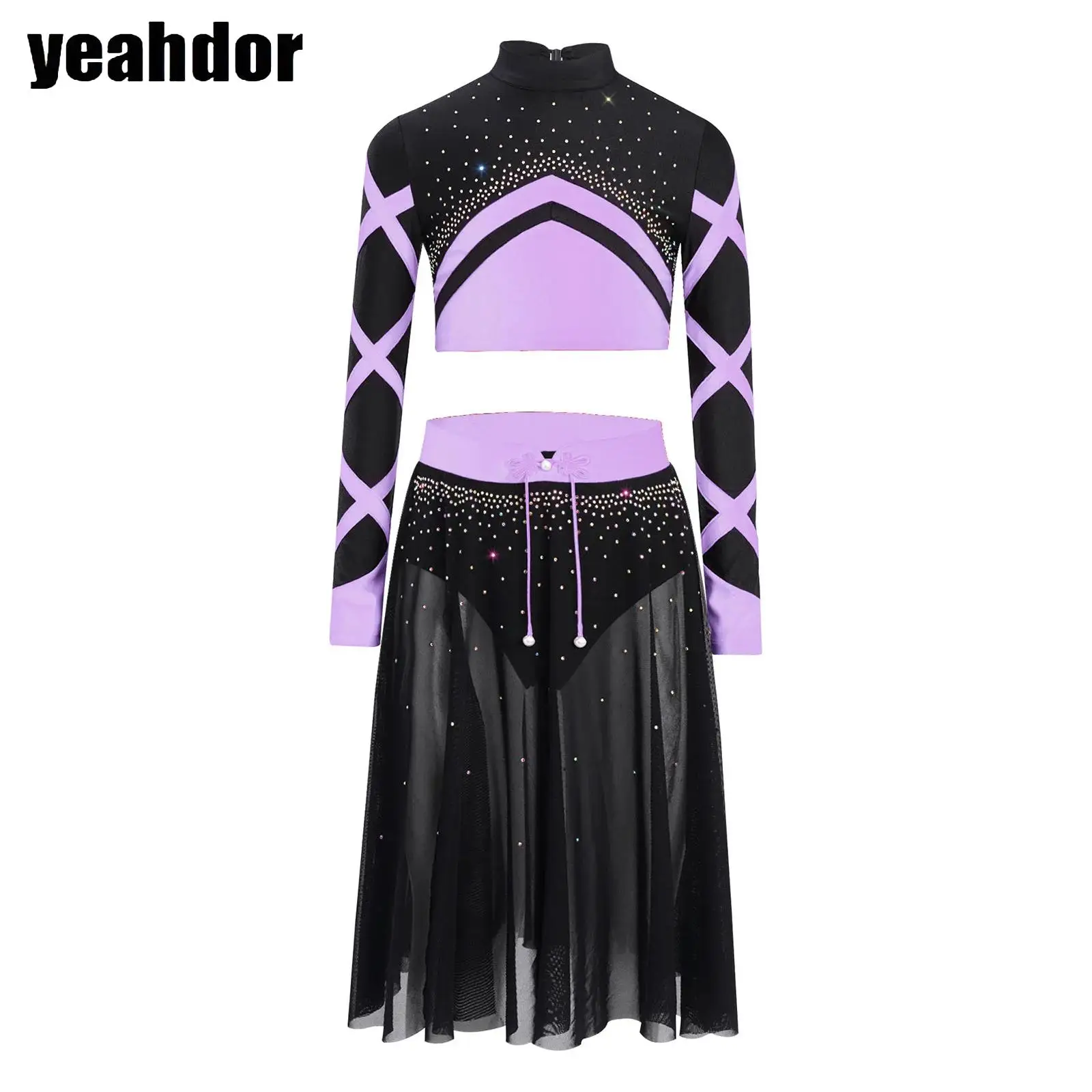

Girls Modern Lyrical Dance Set Ballet Jazz Dance Costume Long Sleeve Rhinestone Color Block Crop Top with Side Split Mesh Skirt