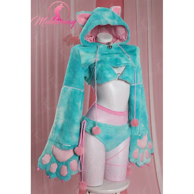 Ensemble de lingerie sexy de pattes de lapin en fourrure pour femmes, costume de cosplay de style chat, soutien-gorge et culotte en peluche avec sweat à capuche court et bas