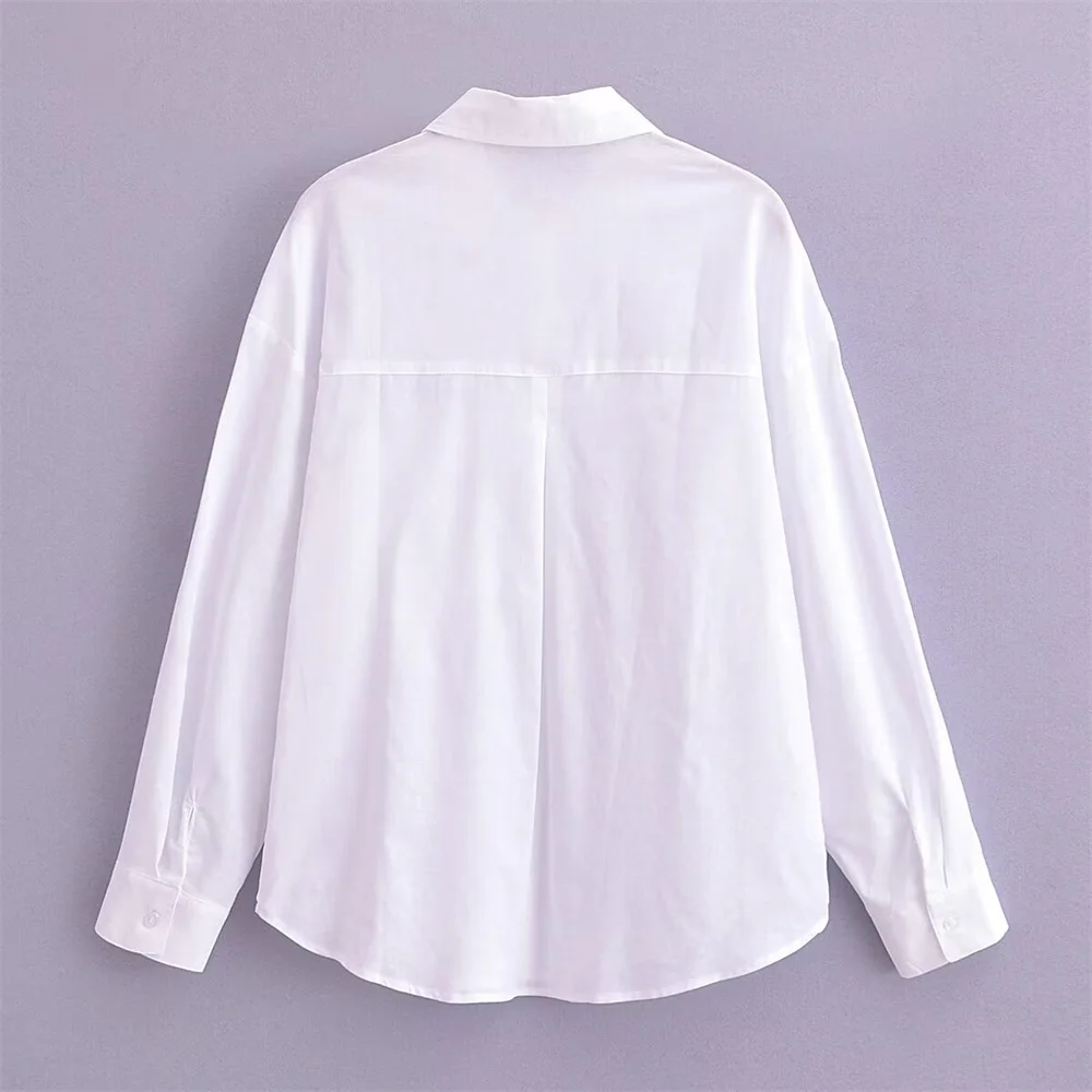 2024ZAR * Spring/Summer New Women\'s Pocket Decoration White Loose Slimming Basic Long sleeved Pure Linen Shirt