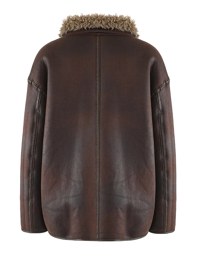 [EAM] Brown Leather Faux Lambswool Big Size Jacket New Lapel Long Sleeve Women Coat Fashion Tide Autumn Winter 2024 CPG1932