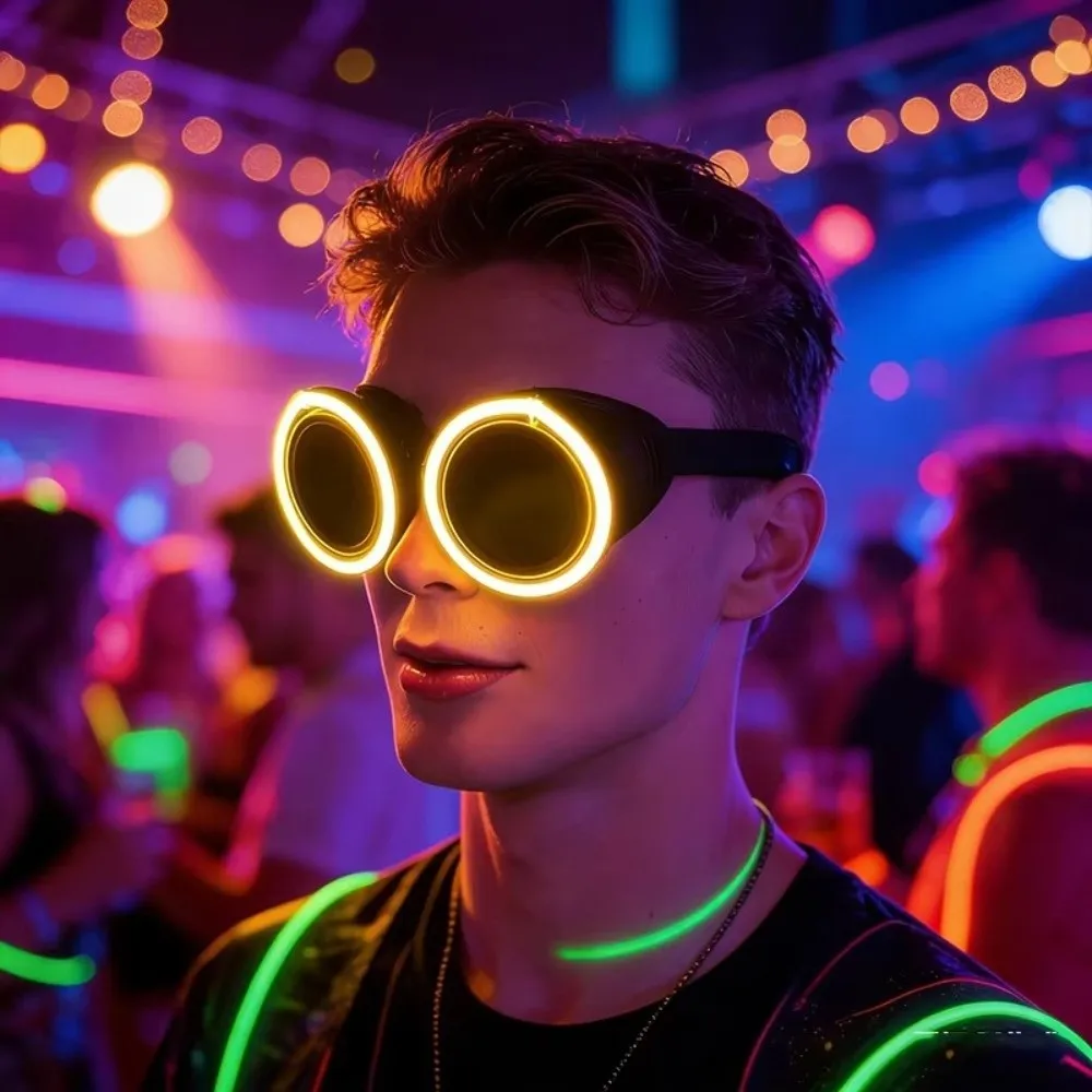 Trendy Wireless LED Glowing Glasses Punk Style Round Luminous Eyewear Cool Unique Light Up Glasses Club Props