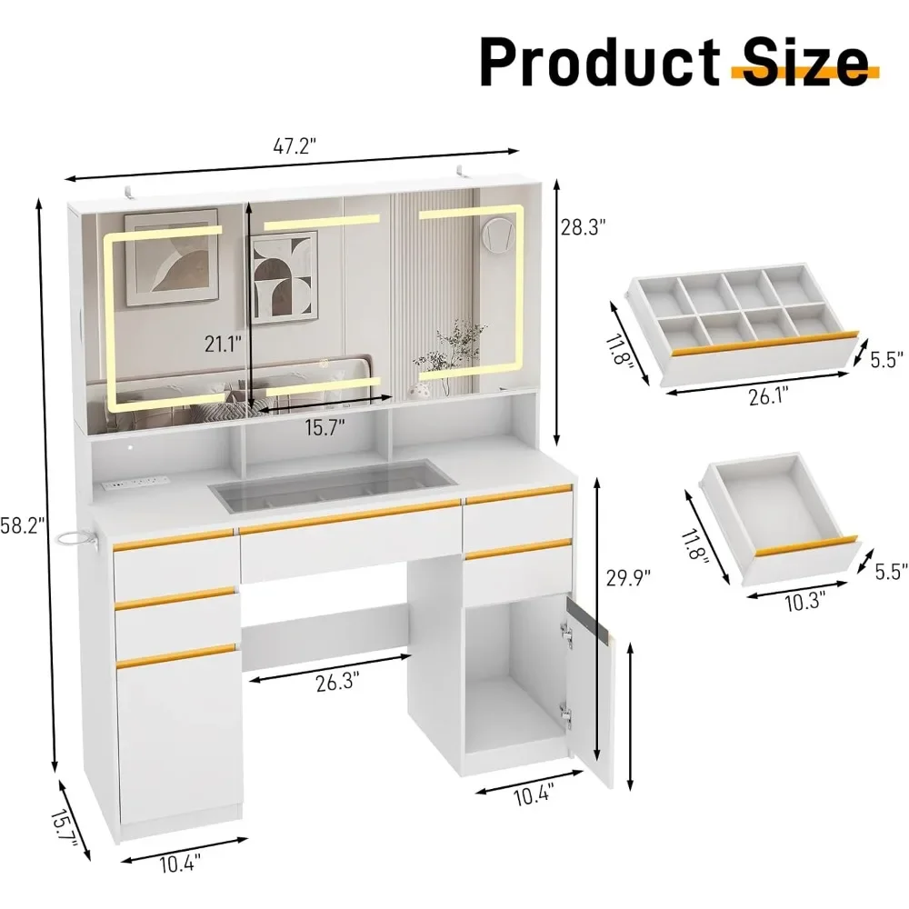 47 inch Vanities w/Mirror&Outlet,Temper Glass Top,LED Lighted White Makeup Vanities w/Sliding Wall-Mounted Jewelries