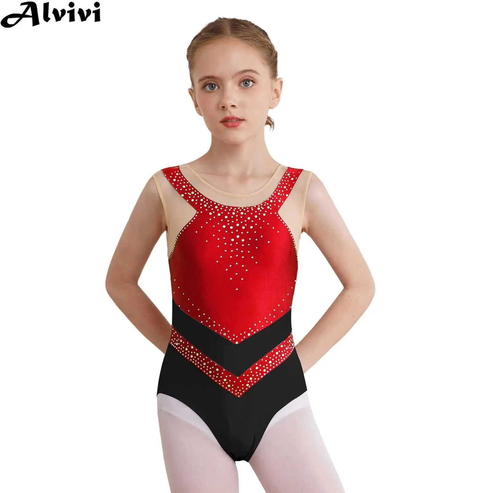 Girls Ballet Dance Leotard Figure Skating Rhythmic Gymnastics Acrobatics Bodysuit Sleeveless Rhinestone Sheer Mesh Dancewear