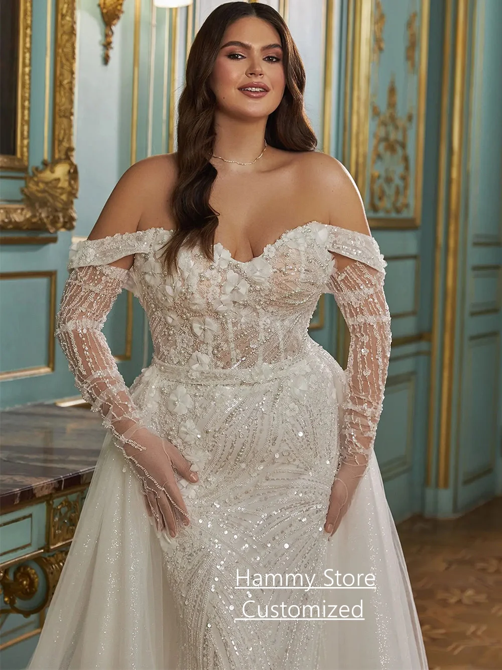 Robe de mariée scintillante grande taille, avec traîne détachable, personnalisée, épaules dénudées, chérie, perles, traîne de balayage, robe de mariée arabe