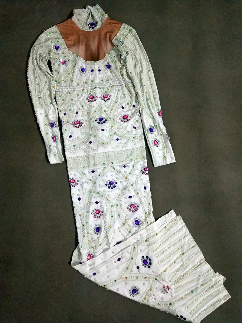 キラキラパールラインストーンスリットロングドレス女性のセクシーなステージ祝うウエディングドレスパーティー誕生日ドレスパフォーマンス写真撮影着用