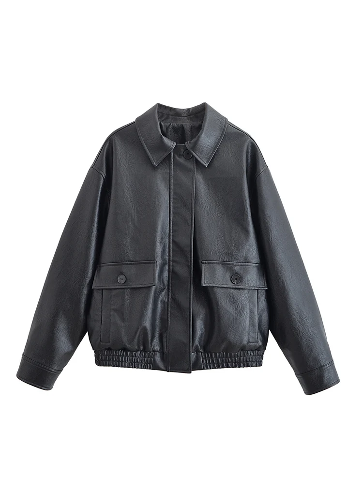

European style new women's fashion versatile temperament loose pocket imitation leather pilot jacket leather coat