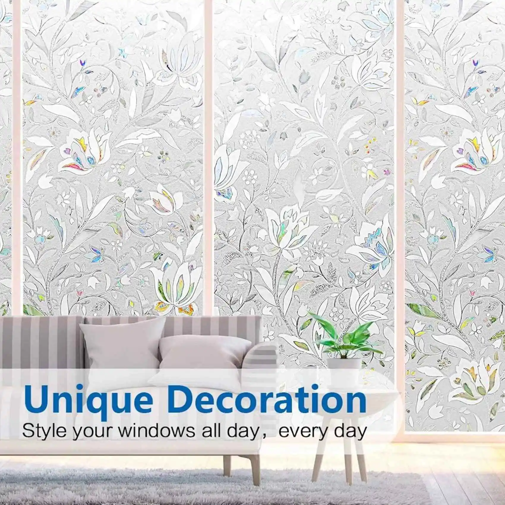 HRBAJ-2X 3D Rainbow Window Film Stained Glass Vinyl Static Non Adhesive Film Opaque Privacy Protective Tint -45X100cm