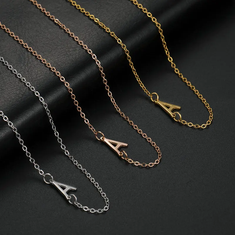 Minimalist Sideways Initial Letter Pendant Necklace 316L Stainless Steel 18K Gold Plated Dainty Rolo Chain Personalized Name Jew