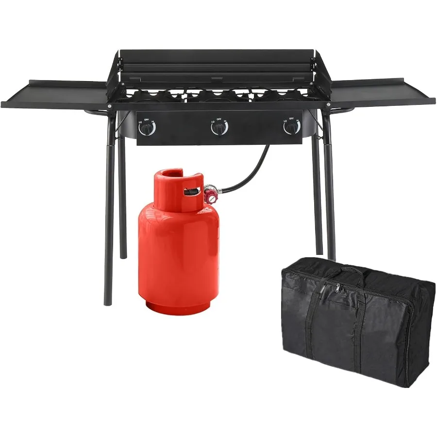 

3 Burners Propane Gas Stove 225 000 BTU Portable Outdoor Camp Cooker Stove with Regulator Side Shelves Foldable Windpanel Adjus
