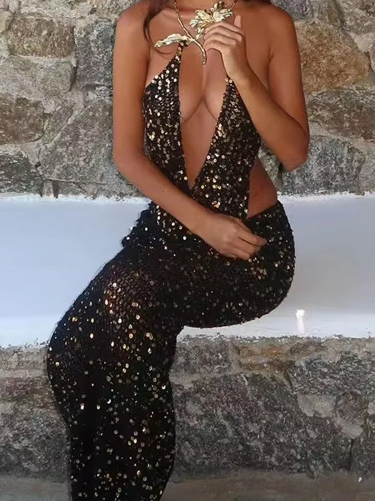 

Women Elegant Sleeveless Shiny Sequins Suit Fashion Hight Waist Club Party 2Pc Sets Sexy Halter Crop Top & Long Skirt Outfits