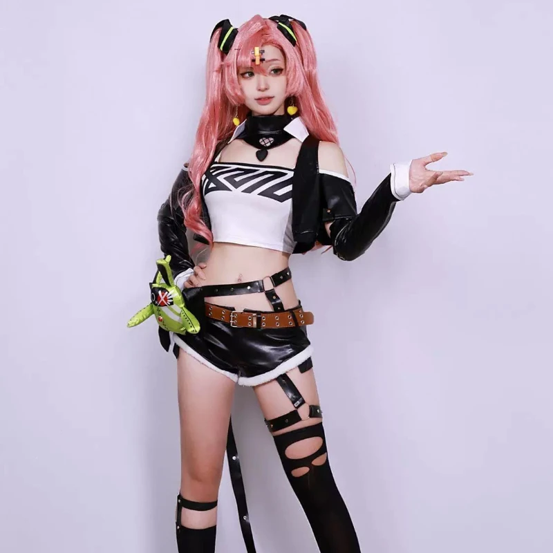 Nicole Demara ZZZ Cunning Sweetheart Skin Cosplay Neon Pink Bralette Harajuku Punk Arm Warmers Harness Belt Mini Dress Set view 3