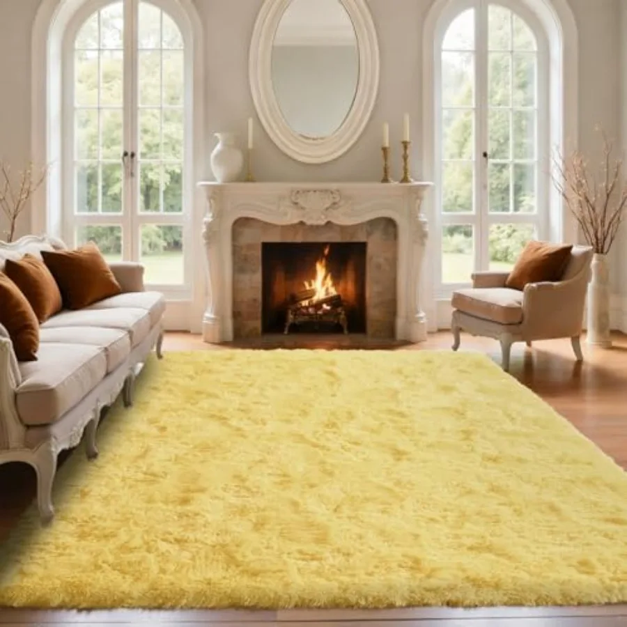 

6x9 Yellow Shag Area Rug for Living Room Decor: Fluffy Plush Carpet with Non-Slip Backing Ideal for Bedroom Nursery Playroom an