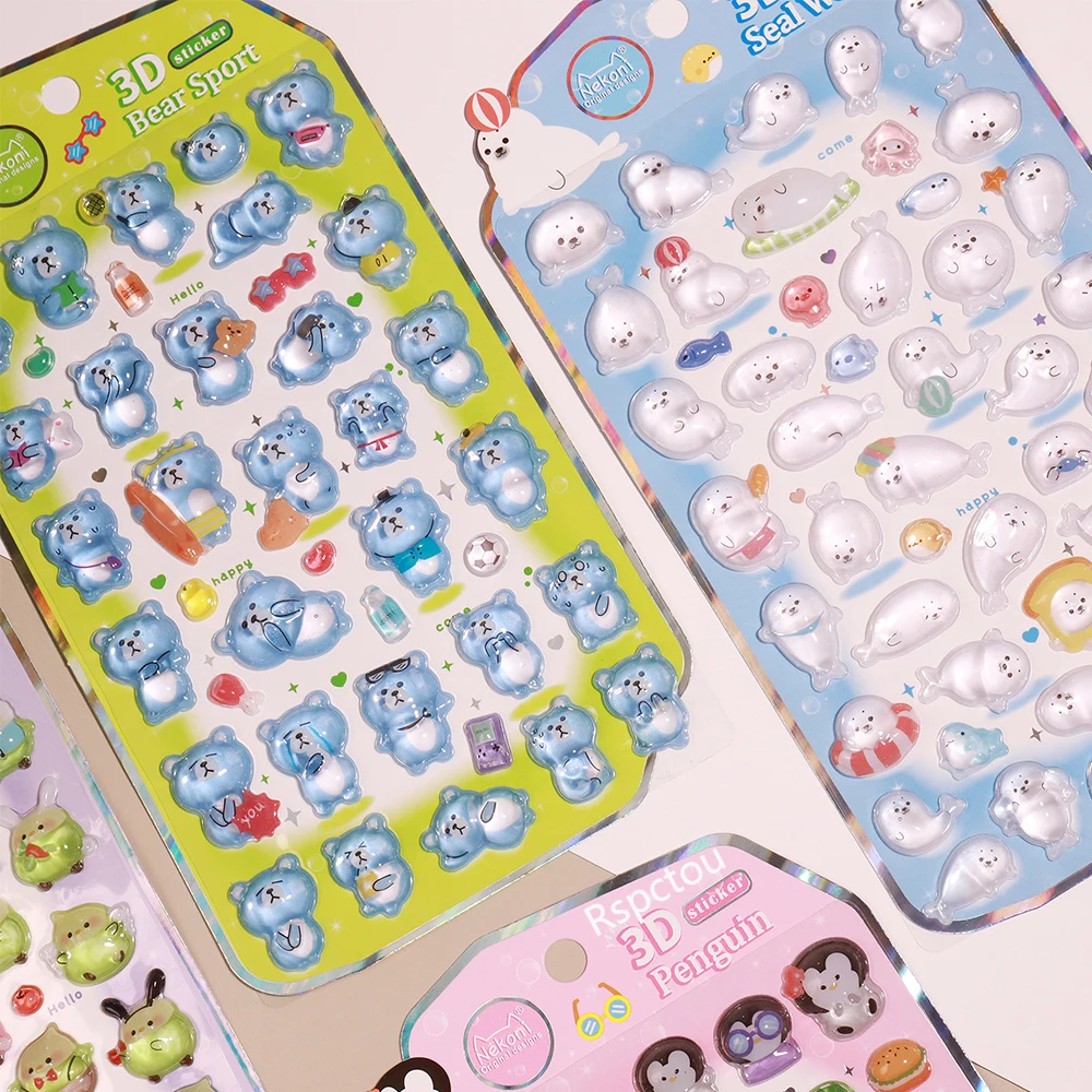 

1pcs Cute Animal Penguin Parrot 3D Crystal Stickers Kawaii Seal Blue Bear Cartoon Relief Sticker Laptop Phone Decals Decoration