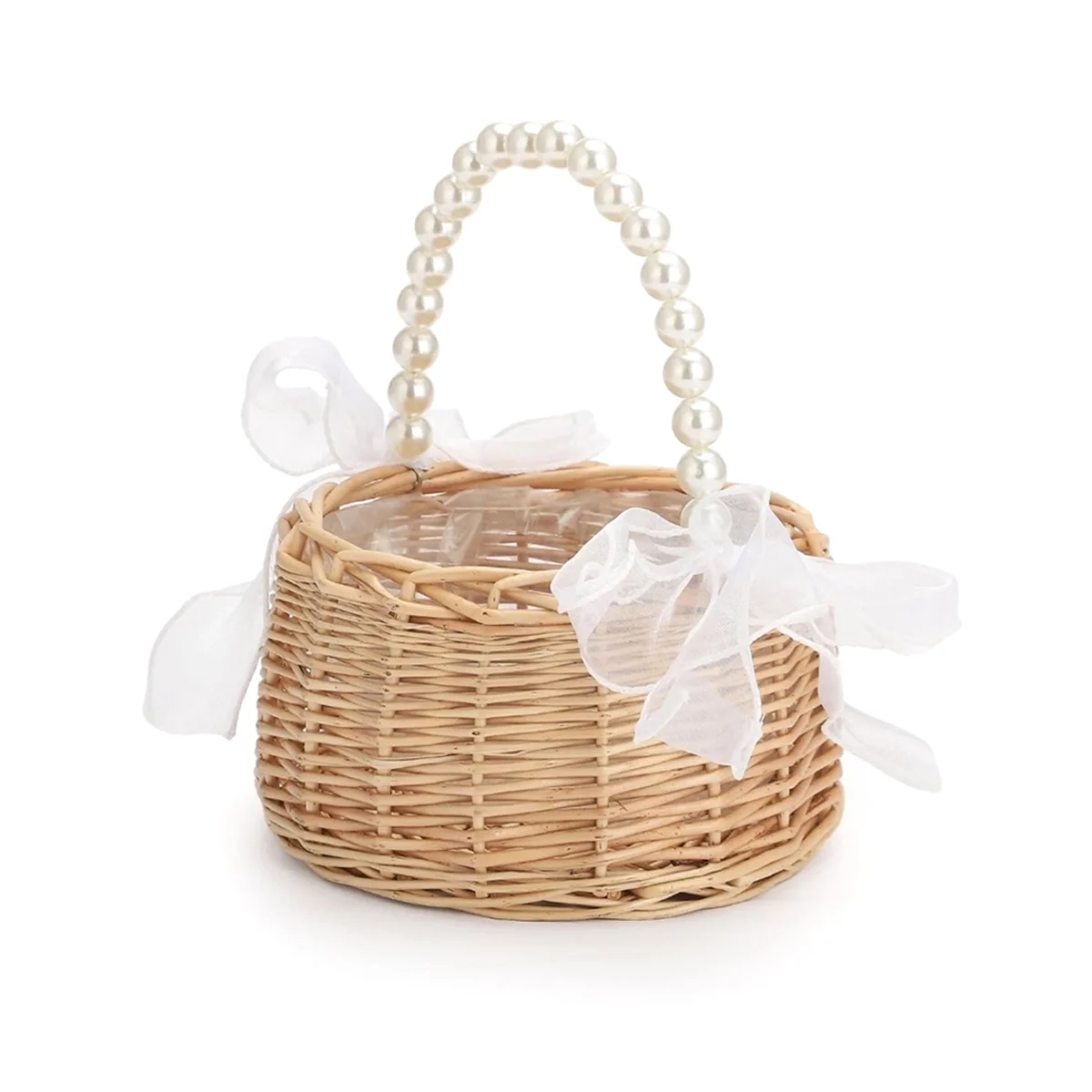 Wicker Flower Girl Basket for Weddings, Rattan Flower Basket Handmade Flower Girl Basket with Handle and Ribbon