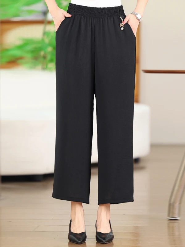 Versatile Mom Wide Leg Pants Fashionable Youthful Loose Nine Points Summer High End Casual Slimming Pants for Women