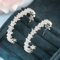 Huitan Gorgeous Star Hoop Earrings Female Fashion Party Jewelry with Brilliant Zirconia Modern Trendy Accessories for Women