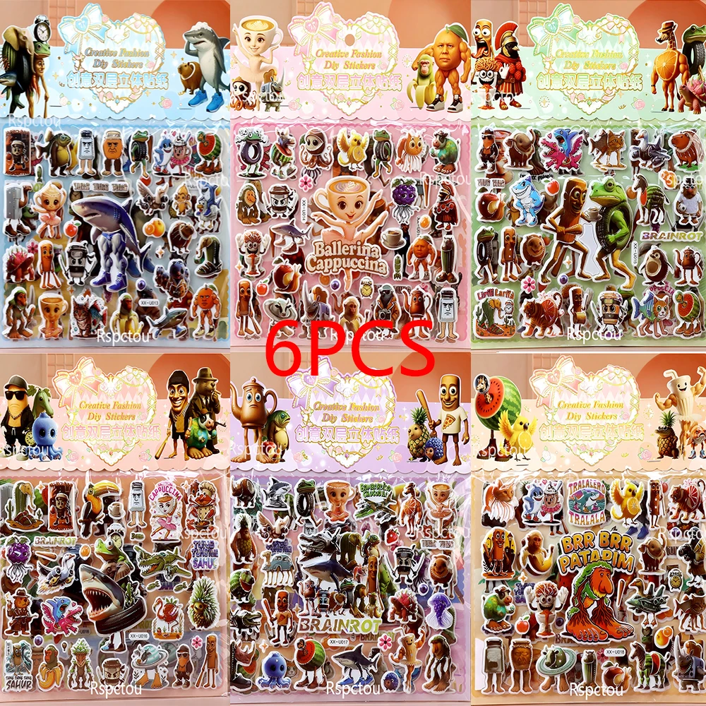 

6pcs Italian Brainrot Animals Bubble Stickers Funny Tung Tung Sahur 3D Puffy Cartoon Sticker Cute DIY Decoration Decals Toy Gift