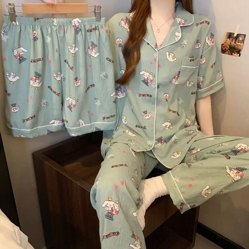 

Пижама Sanrio Cinnamoroll Y2K, комплект из 3 предметов, женская пижама, летняя ночная рубашка, шорты с короткими рукавами, пижама с мультяшным рисунком, домашний костюм