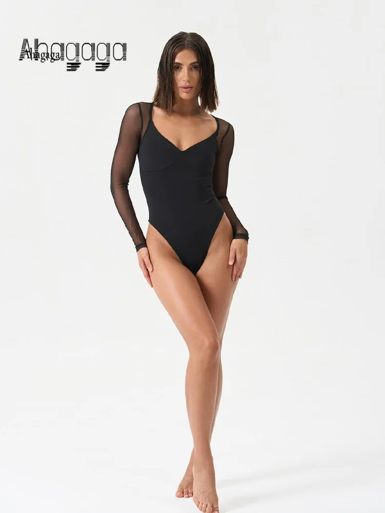 

Ahagaga Sexy Club Women's Bodysuits Solid Fashion Sheer Skinny Regular Long Sleeves Streetwear Basic Tops Slim Fit Female Romper