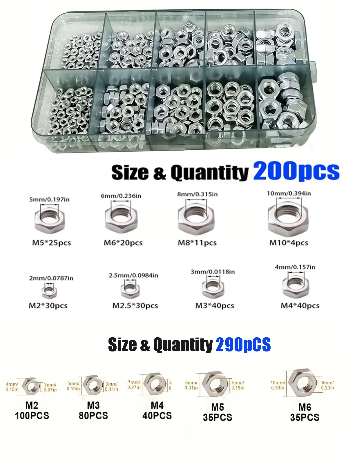 AliExpress NONE 200/290PCS nickel plated hexagonal bolts and nuts set M2-M10 for automotive truck bicycle engineering - assorted pack