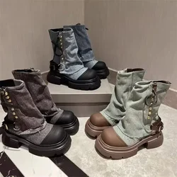 Designer Women Ankle Boots Fashion Slip On Thick Bottom Platform Shoes Ladies Elegant Morder Short Boots 2024