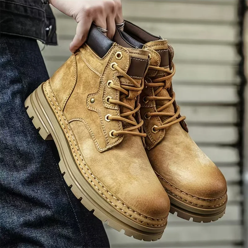 

Fashion Men Boots Spring Comfortable Platform Leather Shoes Men Trend Brown Non-slip Work Boots for Men Casual Shoe Cowboy Boots