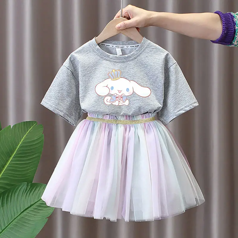 Sanrios Cinnamoroll Girls Skirt Cartoon T-Shirt Suit Kids Cute Short Sleeve Princess Style Yarn Skirtchild Tops Summer Clothes