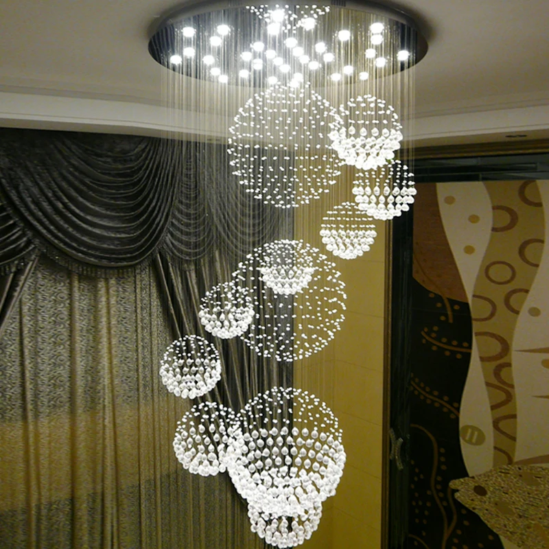 

Floor crystal chandelier, jump floor living room, mid-floor empty staircase, long chandelier