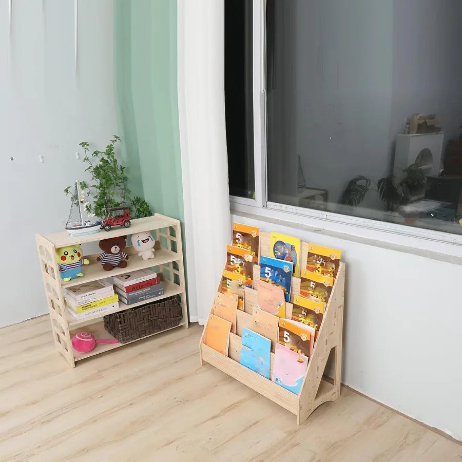 Montessori Toddler Book Shelf Organizer Single Sided Book Rack Display with Toy Storage for Baby Classroom Bookshelf Room Bookc