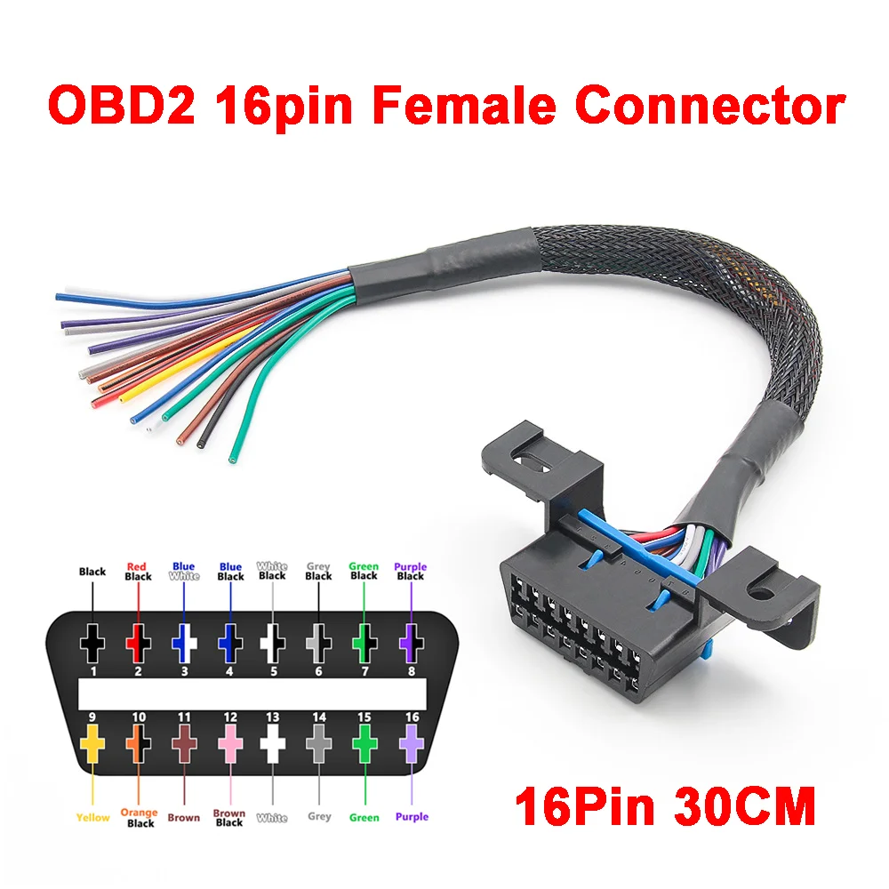 

Universal OBD2 16pin Fixed Female Connector 30cm DIY Extension cable Colorful Open-Ended Wires Car Diagnostic Interface