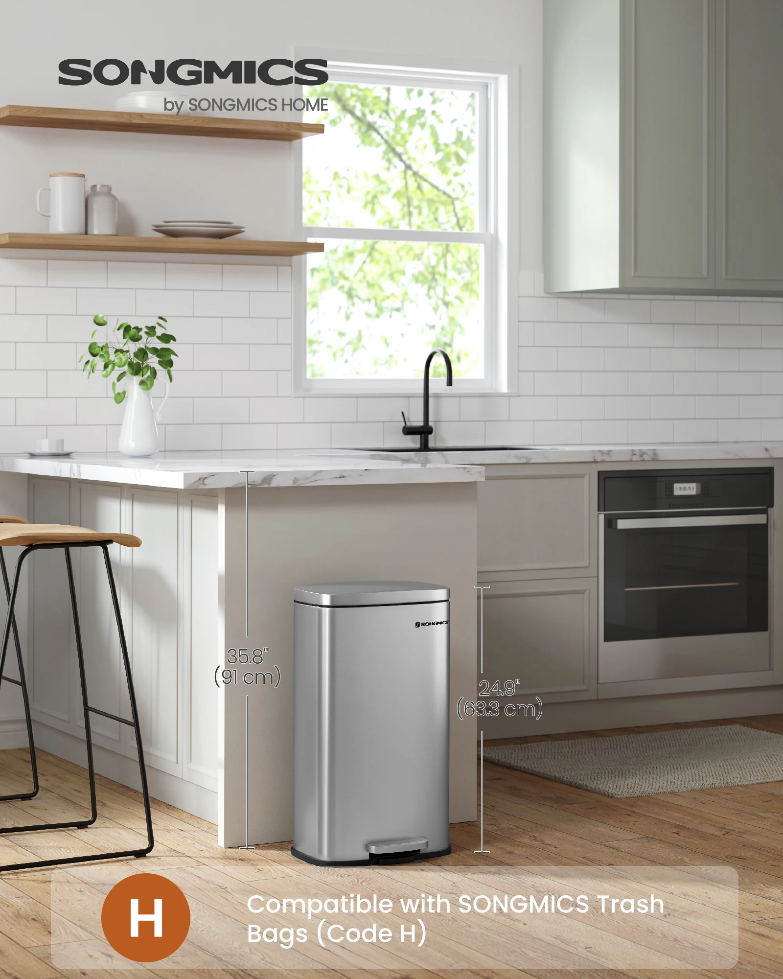 

SONGMICS Trash Can with Lid, 8 Gallon Garbage Can, Stainless Steel Small Waste Bin with Step Pedal and Inner Bucket, Soft Close,