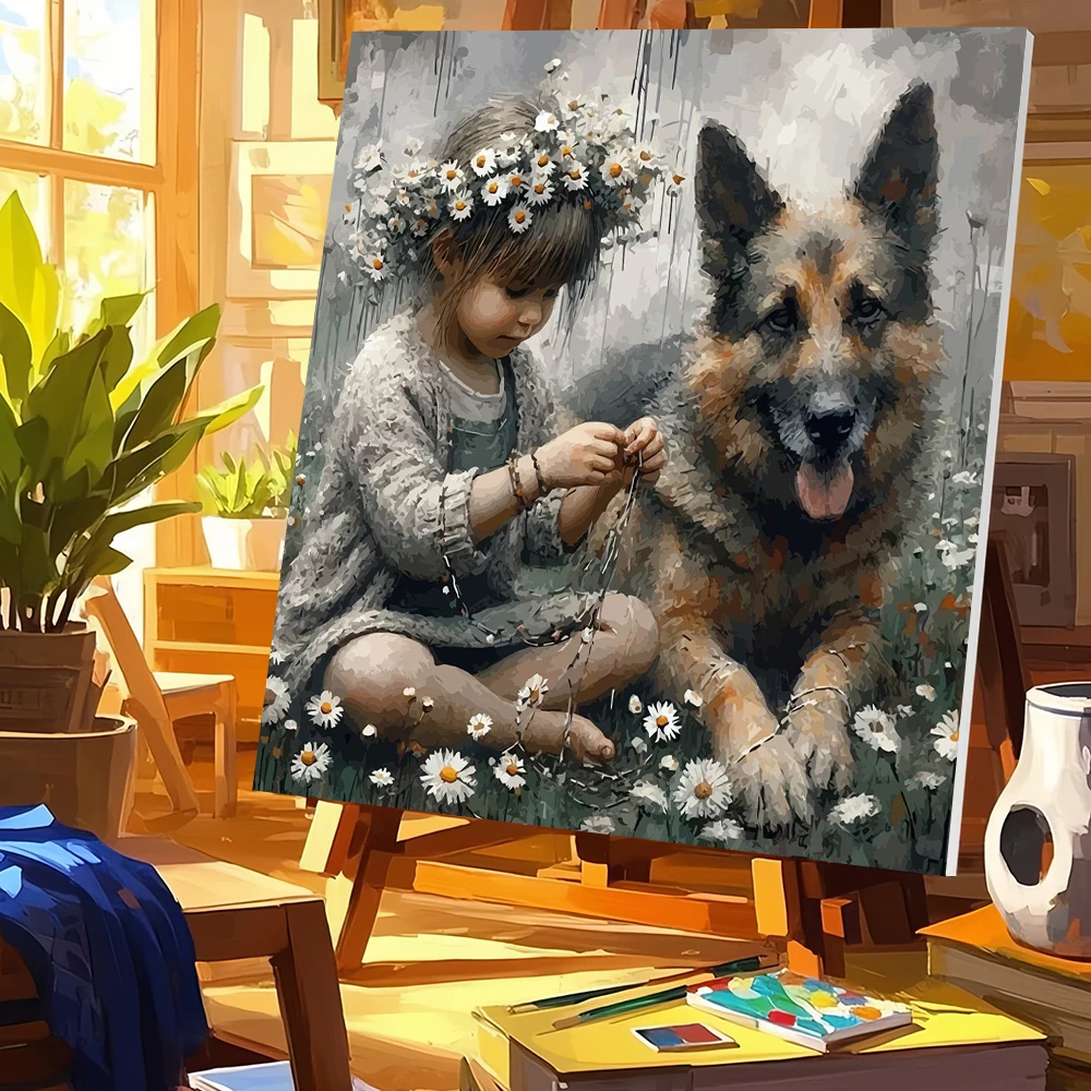 Huacan DIY Digitales Ölgemälde Mädchen Hund Malen nach Zahlen Set für Erwachsene Welpen Tier Porträt Zeichnung auf Leinwand Handgemaltes Geschenk
