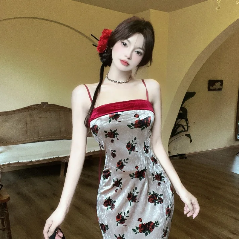 New Chinese Sle Sexy Print Gold Velvet Patchwork Strapl Bodycon Dr Slimming Fit Commute Wind Autumn Season ex