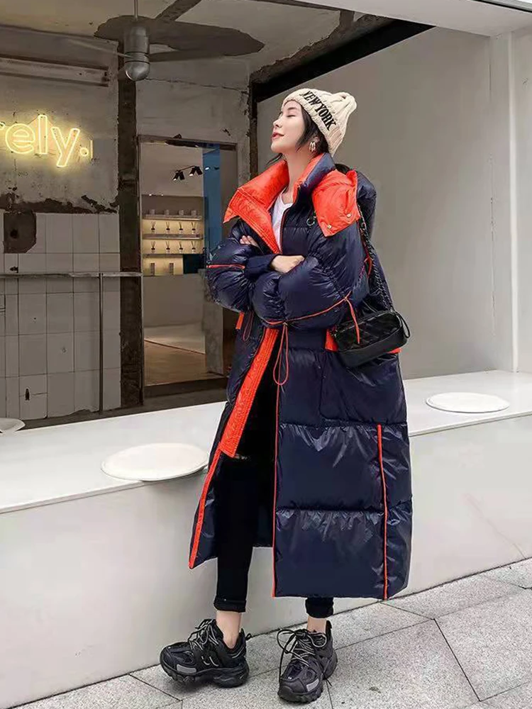 2023 Winter New Detachable Hooded Parka Down Jacket Women Long Gloosy Knee Down Jacket Female Loose Thickened Down Outerwear