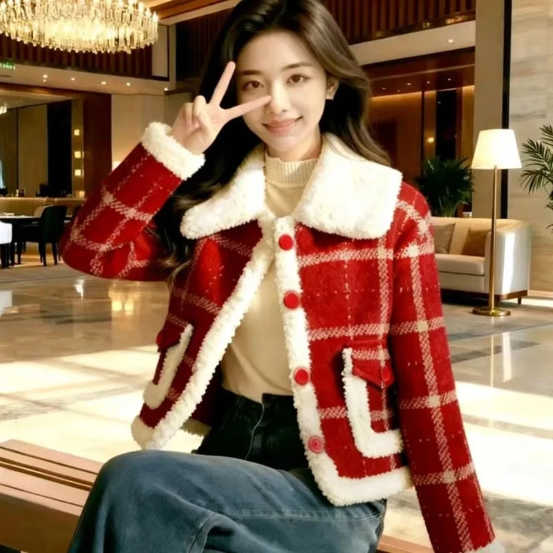 Women's Short Lapel Lambswool Coat 2026 Autumn Winter New Female Loose Temperament Jacket Cotton-padded Ladies Contrast Overwear