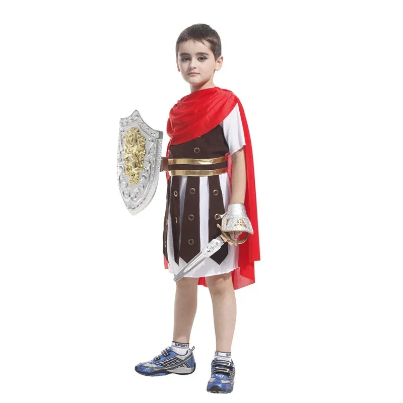 Cosbao Anime Kids Children Roman Warrior Soldier with Shoes Cover Cloak Belt Knight Costume Carnival Boys No Weapon