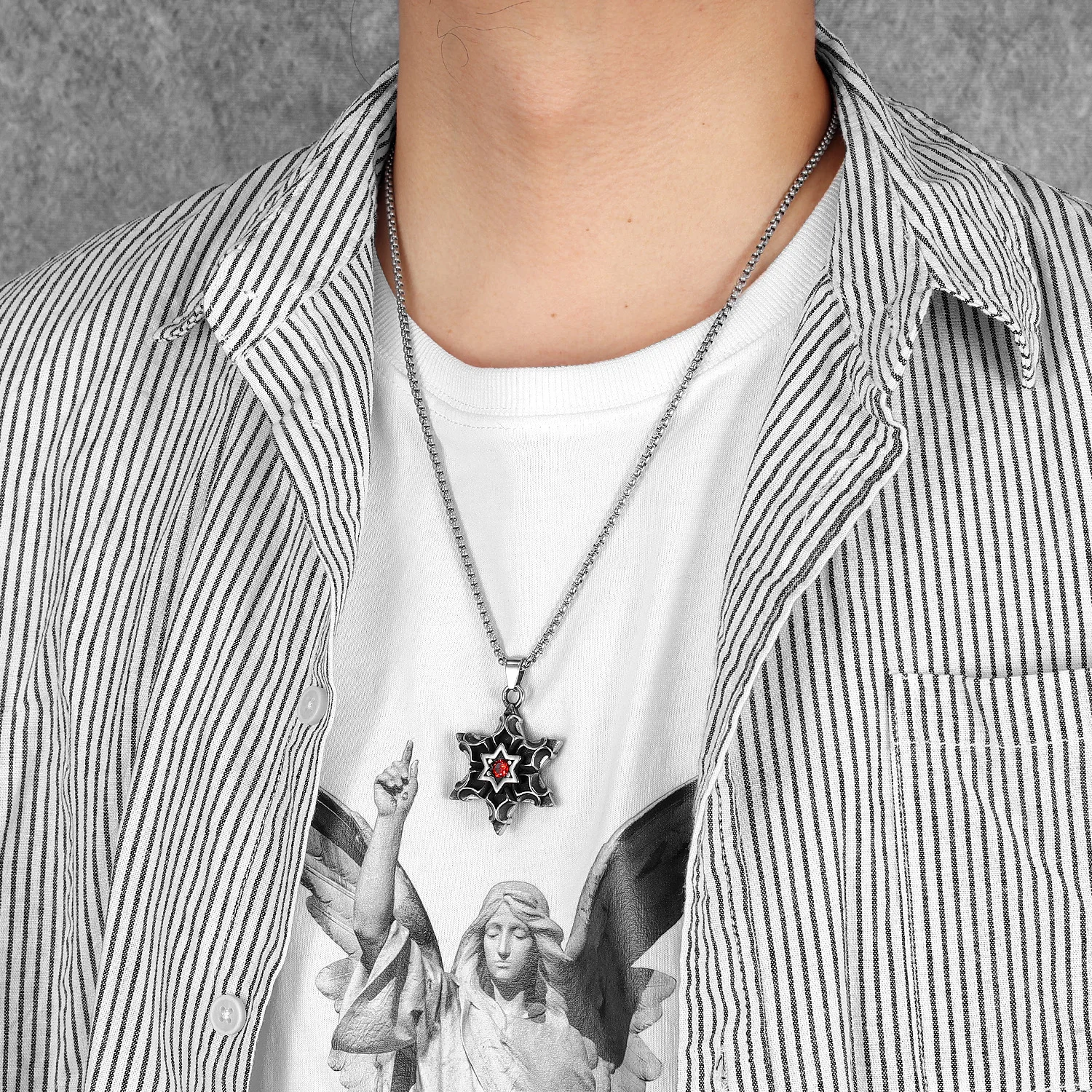Six-pointed Star of David Pendants Gem Necklaces 316L Stainless Steel Men Chain Hip Hop Rock for Male Jewelry Gift Dropshipping view 6