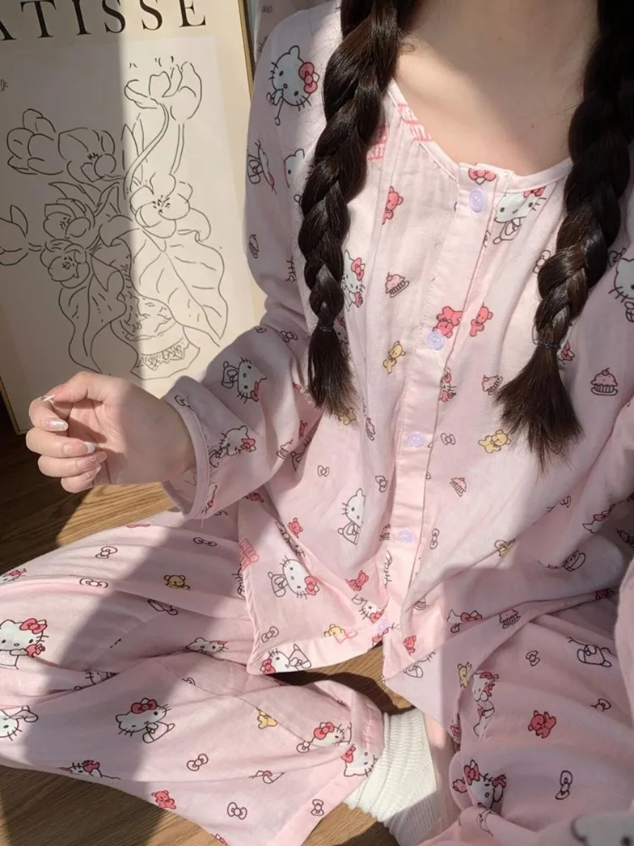 

2 шт./компл. пижамы Sanrio Hello Kitty с принтом аниме, женские брюки, комплект одежды для сна, Kawaii, мягкая удобная повседневная одежда для дома с героями мультфильмов