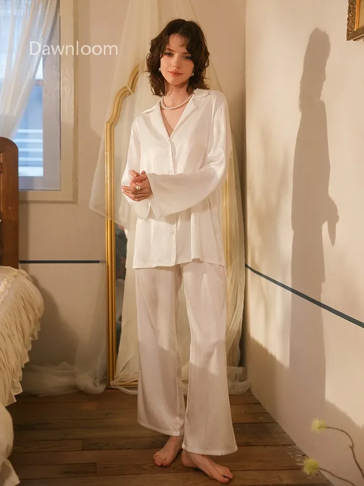 Dawnloom Women's White Silk Shirt-Collar Two-Piece Set with Drawstring Waist Elegant Luxury Loungewear/Sleepwear