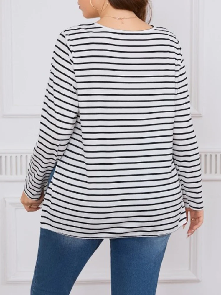 GIBSIE Plus Size Striped Split Long T Shirt Women 2024 Spring Fall Korean Fashion Long Sleeve O-Neck Casual T-Shirt Tops Female