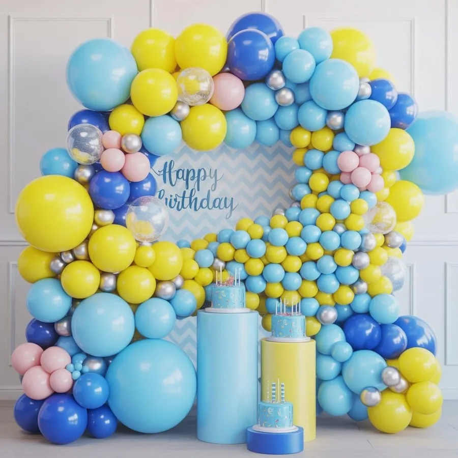 مجموعة بالونات زرقاء صفراء مقاس 12 بوصة مع بالونات لاتكس شفافة باللون الوردي المخضر لتزيين حفلات موضوع المحيط مثالية لاستحمام الطفل نحن