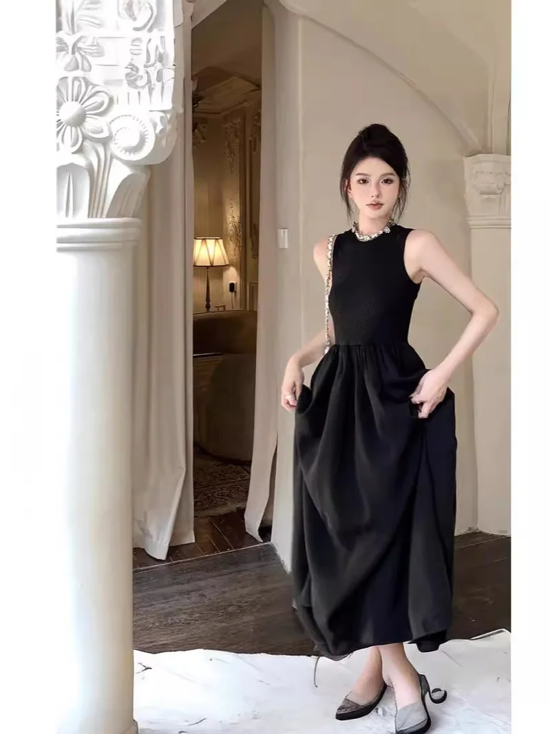 2025 Elegant Sleeveless Black Midi Dress, High - Waist Pleated Swing Skirt, Women's Casual Party Gown