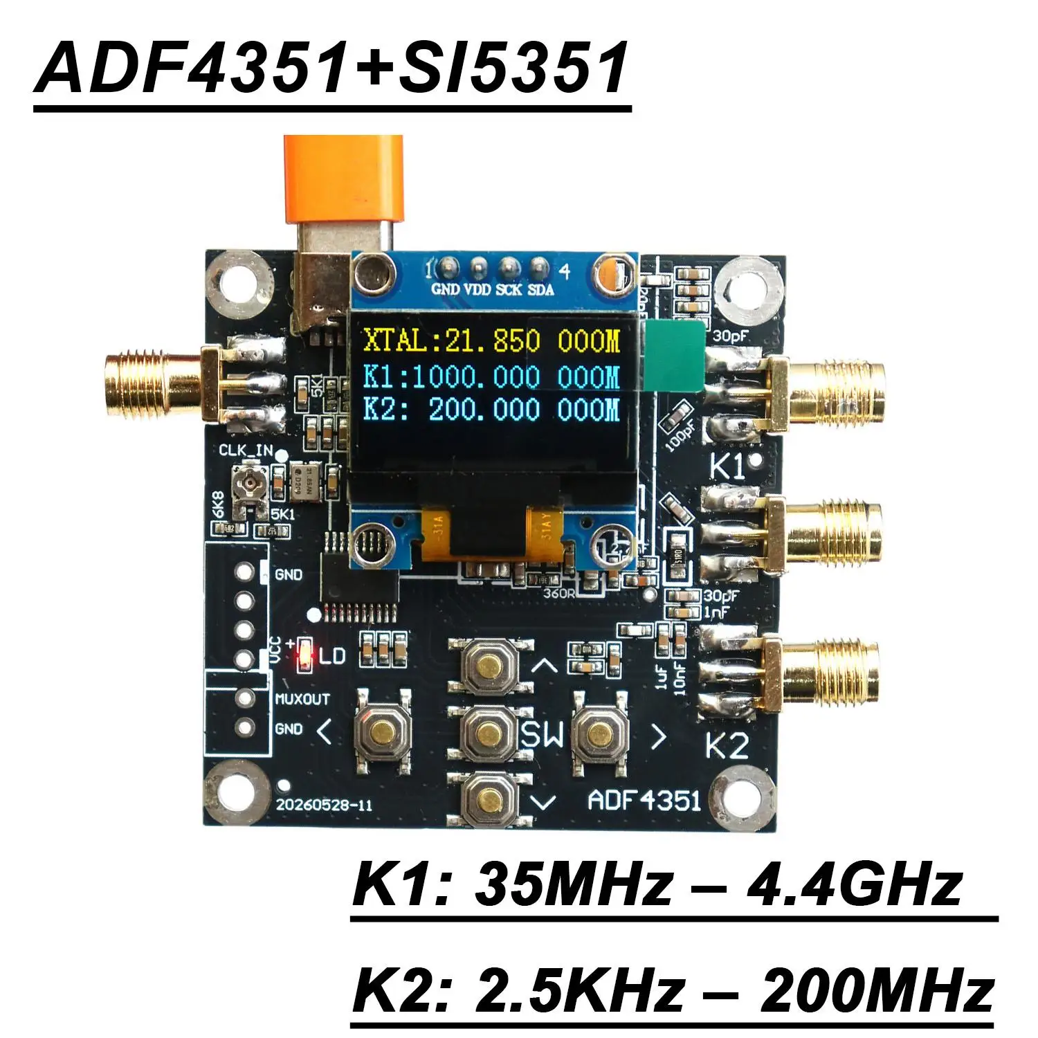 2.5KHz–4400MHz RF Signal Generator ADF4351 +SI5351 Clock Signal Source Sweep Frequency PLL Square Wave Sine Wave OLED Display