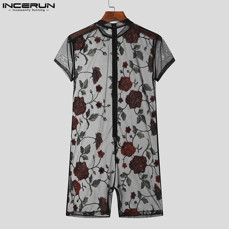 INCERUN 2024 American Style Sexy Styklish New Men Jumpsuits See-through Thin O-Neck Flower Printing Short Sleeve Bodysuits S-3XL