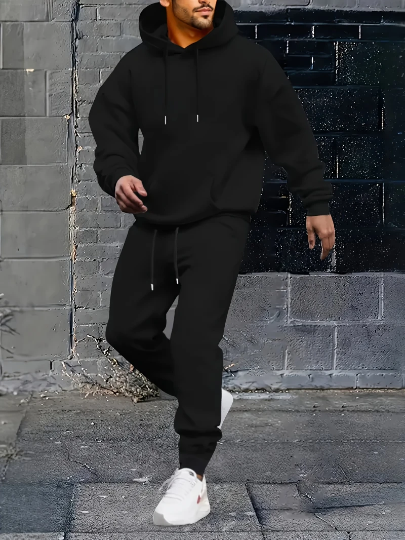

Fashionable Dressing] Men's 240g Fleece Sweatshirt & 220g Sweatpants Set, Solid Color, Heavyweight Hooded Sporty Style Trendy