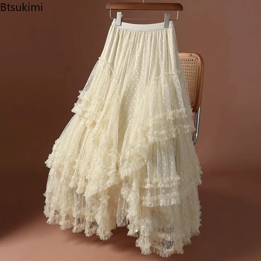 2026 New Women's Boho Queen Irregular Hem High Waist Pleated Embroidery Maxi Skirt Fashion Mesh Loose Puffy Fairy Cake Skirts