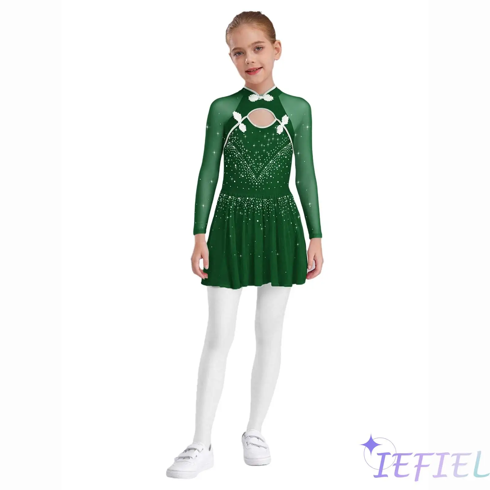 

Kids Girls Gymnastics Ice Skating Dance Costume Sheer Mesh Long Sleeves Ballet Latin Dance Dress Rhinestones Lyrical Dancewear